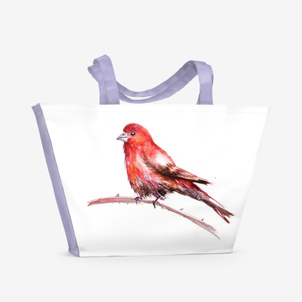 Пляжная сумка «Акварельное изображение красной птицы, сидящей на ветке на белом фоне»