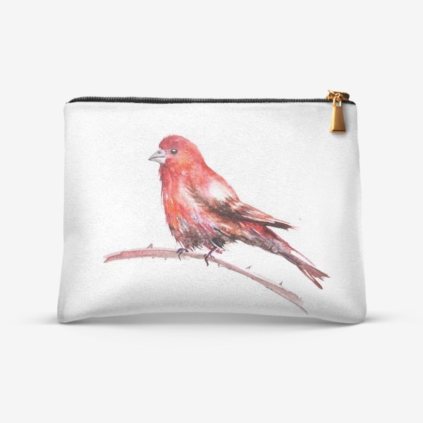 Косметичка &laquo;Акварельное изображение красной птицы, сидящей на ветке на белом фоне&raquo;