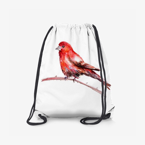 Рюкзак «Акварельное изображение красной птицы, сидящей на ветке на белом фоне»