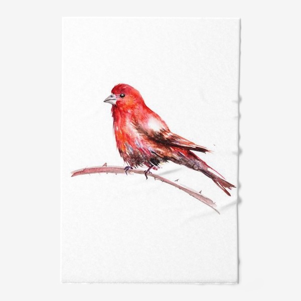 Полотенце &laquo;Акварельное изображение красной птицы, сидящей на ветке на белом фоне&raquo;