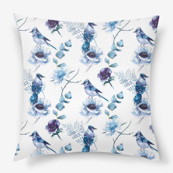 Подушка «Синие цветы и птицы»