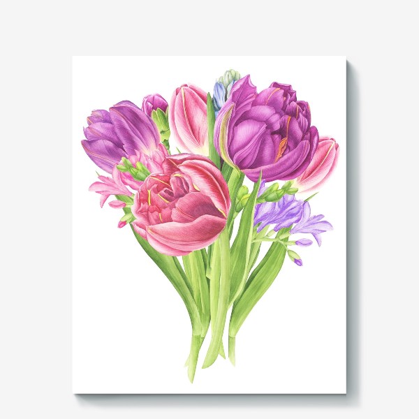 Холст «Букет весенних цветов: тюльпаны, гиацинты и фрезия»