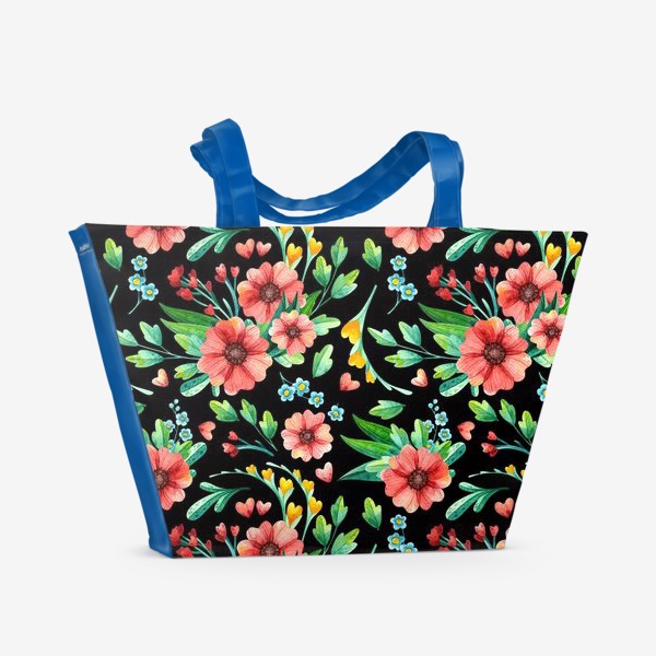 Пляжная сумка «Акварельные весенние цветы на черном фоне»
