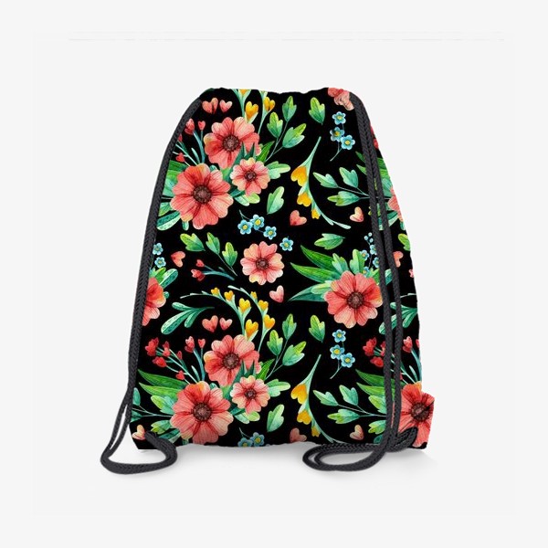 Рюкзак «Акварельные весенние цветы на черном фоне»