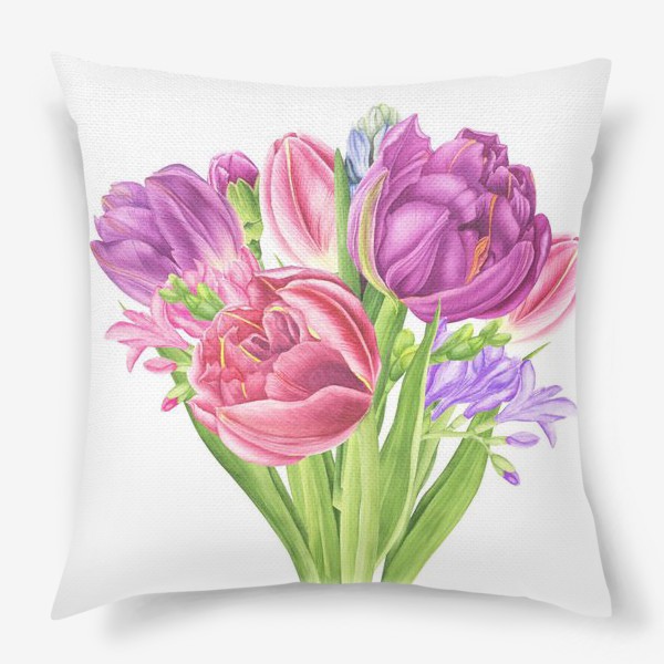Подушка «Букет весенних цветов: тюльпаны, гиацинты и фрезия»
