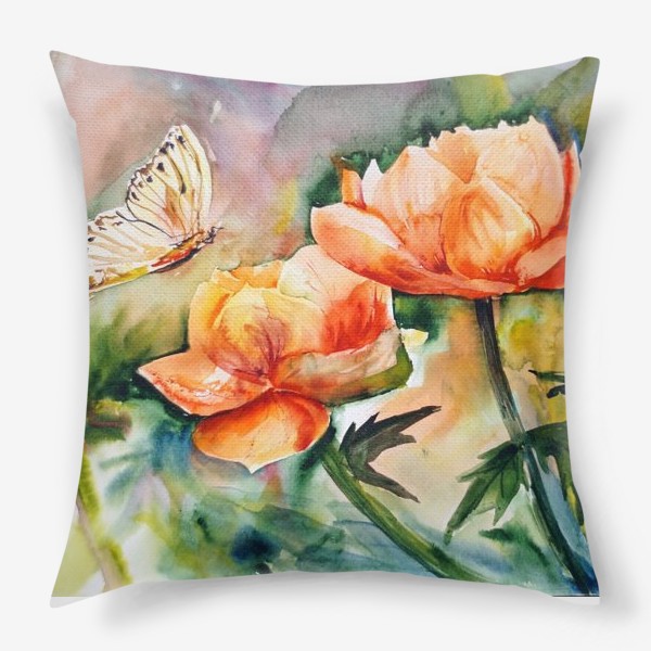 Подушка «Акварельный яркий пейзаж из желто-оранжевых цветов и бабочки на размытом фоне»