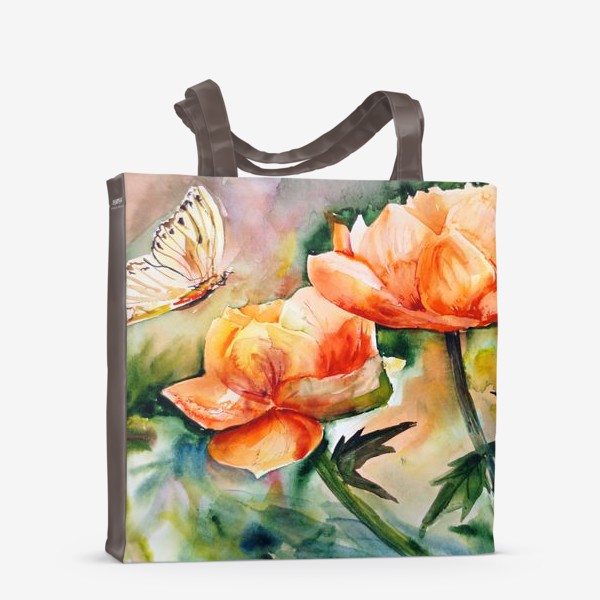 Сумка-шоппер «Акварельный яркий пейзаж из желто-оранжевых цветов и бабочки на размытом фоне»