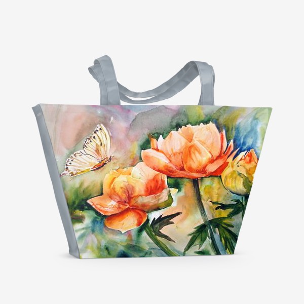 Пляжная сумка «Акварельный яркий пейзаж из желто-оранжевых цветов и бабочки на размытом фоне»