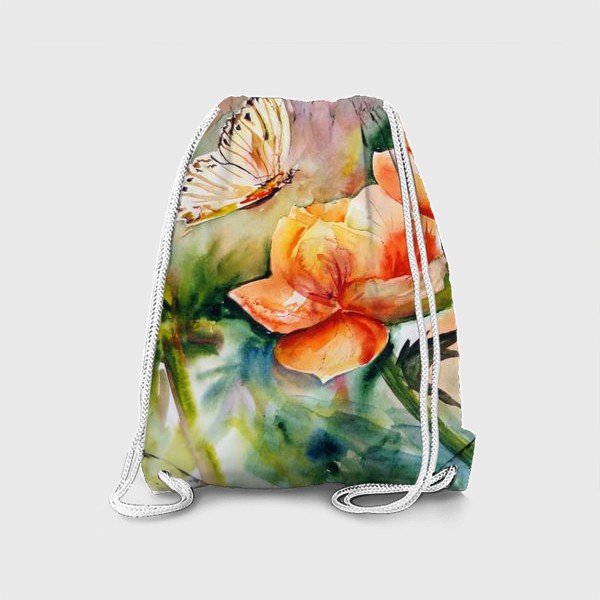 Рюкзак «Акварельный яркий пейзаж из желто-оранжевых цветов и бабочки на размытом фоне»