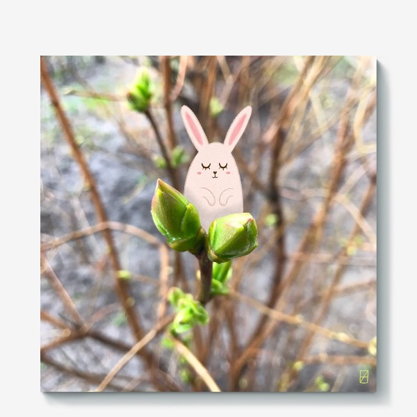 Холст «Малыш-зайчик и весенние листочки»