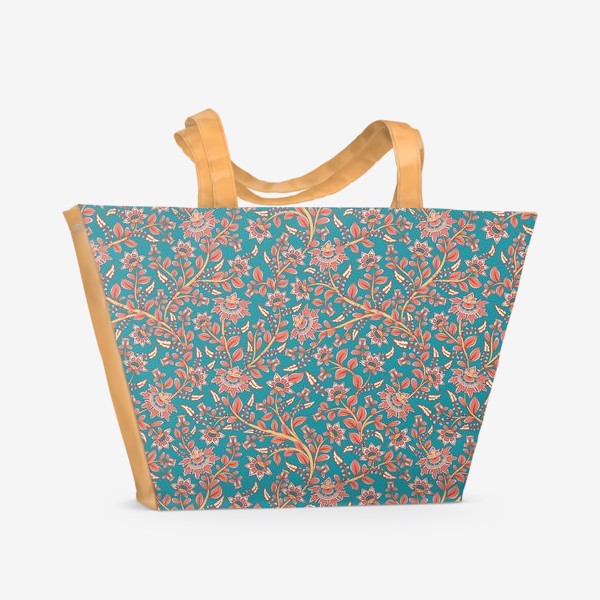 Пляжная сумка &laquo;Бесшовный декоративный паттерн с цветами на бирюзовом фоне. &raquo;