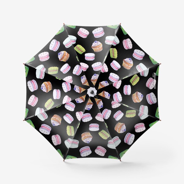 Зонт «цветные макаруны и черничный капкейк на чёрном»