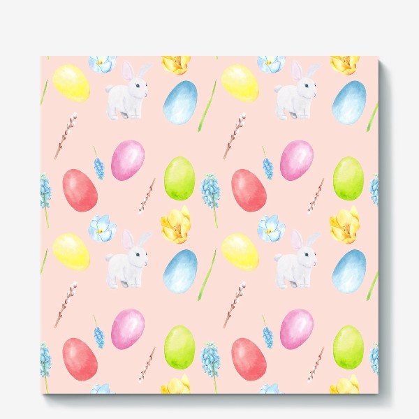 Холст &laquo;Пасха. Традиционные элементы кролик, яйца, цветы, верба. Акварельный весенний паттерн на розовом фоне&raquo;