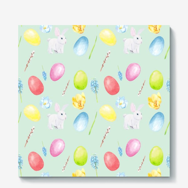 Холст &laquo;Пасха. Традиционные элементы кролик, яйца, цветы, верба. Акварельный весенний паттерн на зеленом фоне&raquo;