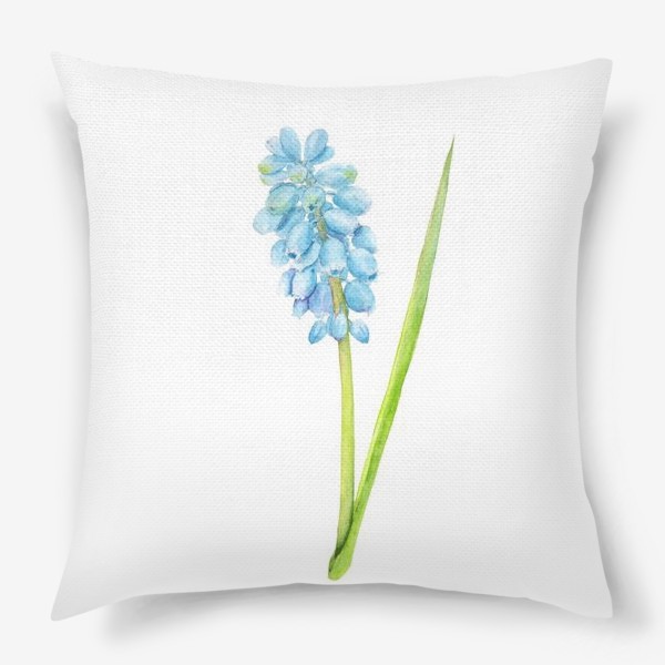 Подушка &laquo;Ботаническая акварельная иллюстрация, весенний голубой цветок, мускари (мышиный гиацинт)&raquo;