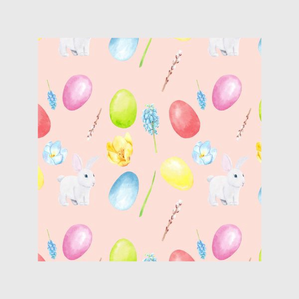 Шторы &laquo;Пасха. Традиционные элементы кролик, яйца, цветы, верба. Акварельный весенний паттерн на розовом фоне&raquo;