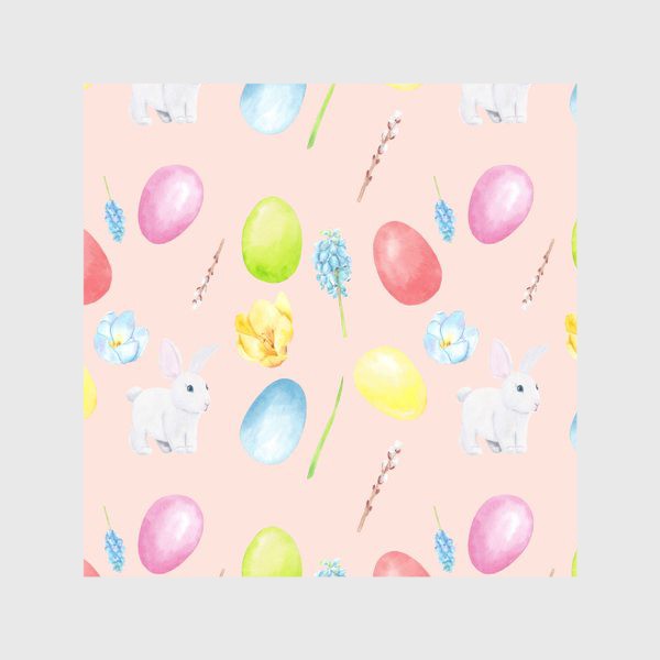 Скатерть &laquo;Пасха. Традиционные элементы кролик, яйца, цветы, верба. Акварельный весенний паттерн на розовом фоне&raquo;