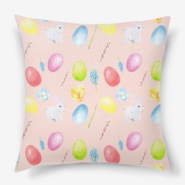Подушка «Пасха. Традиционные элементы кролик, яйца, цветы, верба. Акварельный весенний паттерн на розовом фоне»