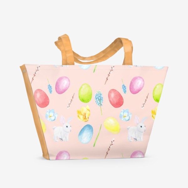 Пляжная сумка «Пасха. Традиционные элементы кролик, яйца, цветы, верба. Акварельный весенний паттерн на розовом фоне»
