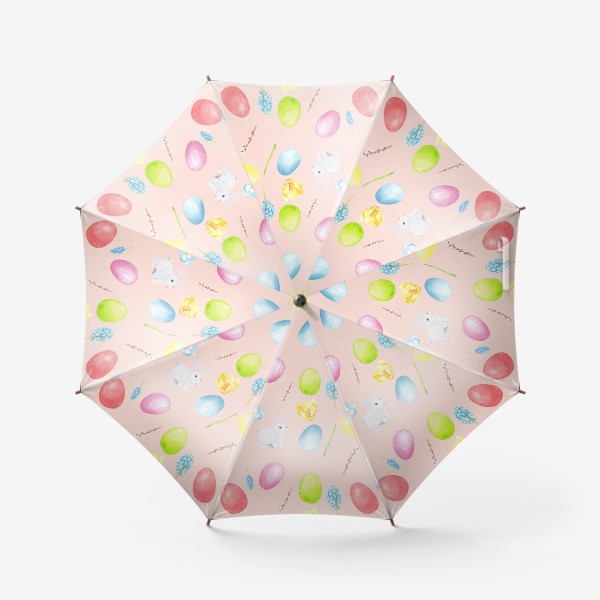 Зонт «Пасха. Традиционные элементы кролик, яйца, цветы, верба. Акварельный весенний паттерн на розовом фоне»