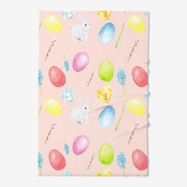 Полотенце «Пасха. Традиционные элементы кролик, яйца, цветы, верба. Акварельный весенний паттерн на розовом фоне»