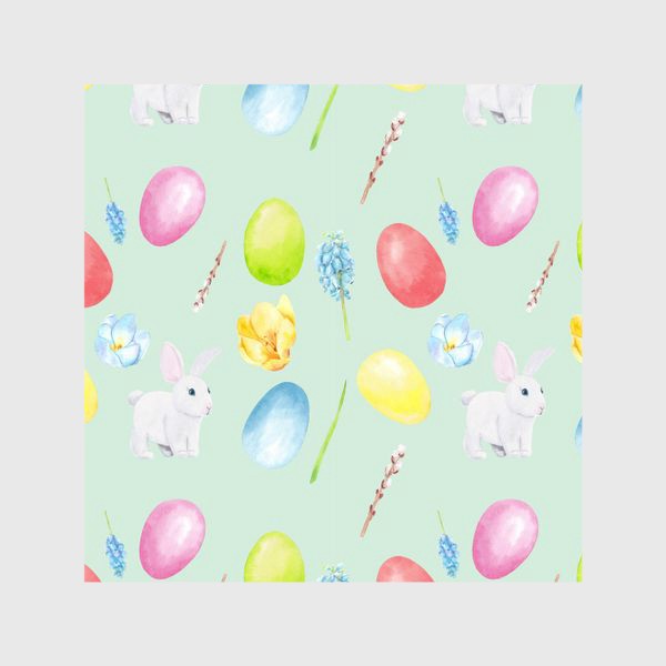 Шторы «Пасха. Традиционные элементы кролик, яйца, цветы, верба. Акварельный весенний паттерн на зеленом фоне»