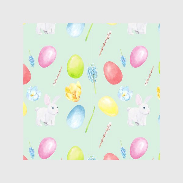 Скатерть «Пасха. Традиционные элементы кролик, яйца, цветы, верба. Акварельный весенний паттерн на зеленом фоне»