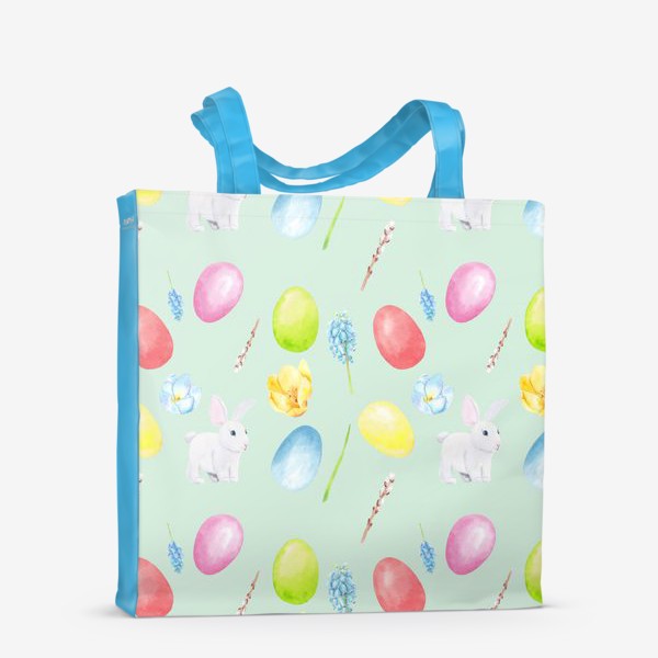 Сумка-шоппер «Пасха. Традиционные элементы кролик, яйца, цветы, верба. Акварельный весенний паттерн на зеленом фоне»