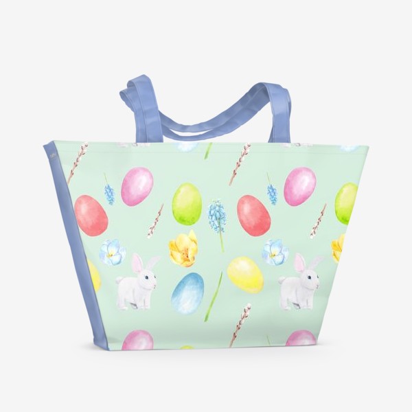 Пляжная сумка «Пасха. Традиционные элементы кролик, яйца, цветы, верба. Акварельный весенний паттерн на зеленом фоне»