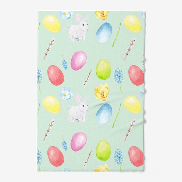 Полотенце &laquo;Пасха. Традиционные элементы кролик, яйца, цветы, верба. Акварельный весенний паттерн на зеленом фоне&raquo;