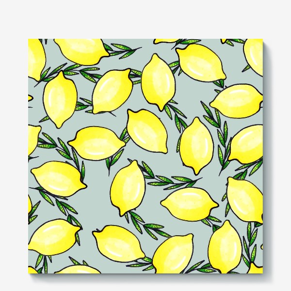 Холст «Сочные желтые лимоны с зелёными веточками»