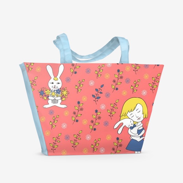 Пляжная сумка «Девочка и кролик на коралловом фоне»