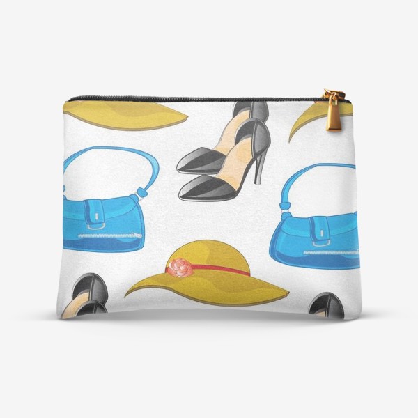 Косметичка «Женская сумочка и туфли узор на белом фоне»