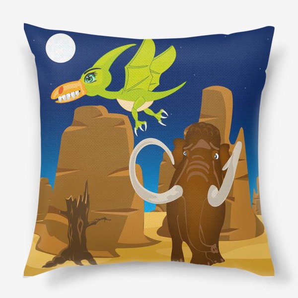 Подушка «Доисторические животные мамонт и летающий ящер на природе»