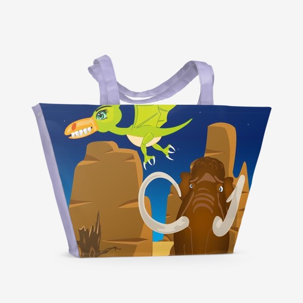 Пляжная сумка «Доисторические животные мамонт и летающий ящер на природе»