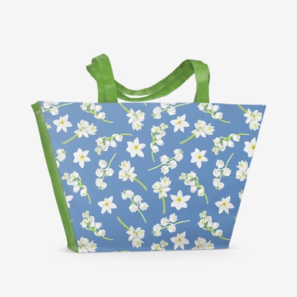 Пляжная сумка «Орнамент с весенними цветами на синем фоне»