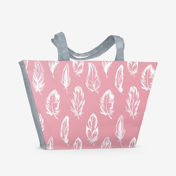 Пляжная сумка «Белые перышки на розовом бесшовный паттерн»