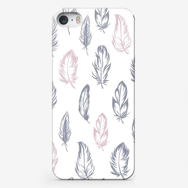 Чехол iPhone «Серые и пудровые перышки на белом бесшовный паттерн»