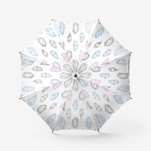 Зонт &laquo;Серые, голубые, розовые перышки на белом бесшовный паттерн&raquo;