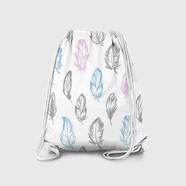 Рюкзак «Серые, голубые, розовые перышки на белом бесшовный паттерн»