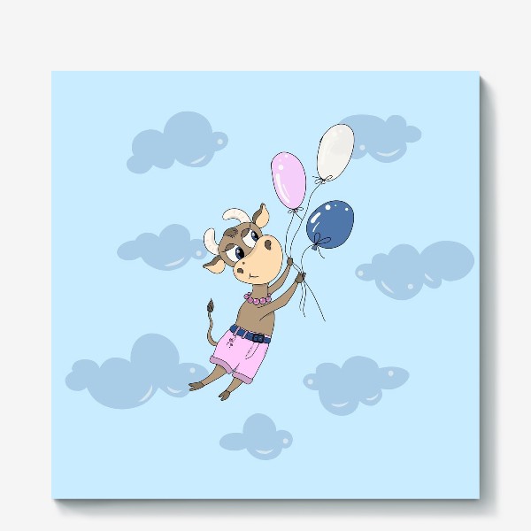 Холст «Коровка на воздушных шариках (подарок девочке тельцу) »