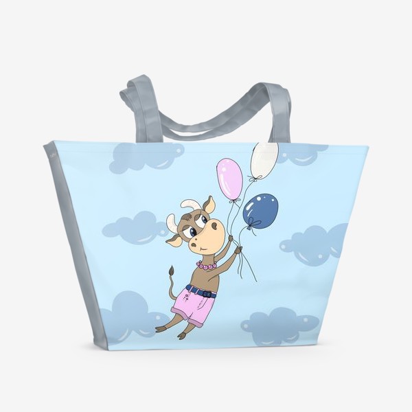Пляжная сумка «Коровка на воздушных шариках (подарок девочке тельцу) »