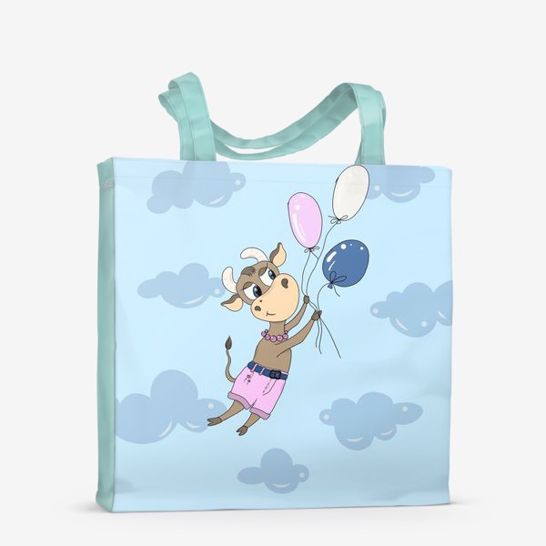 Сумка-шоппер «Коровка на воздушных шариках (подарок девочке тельцу) »