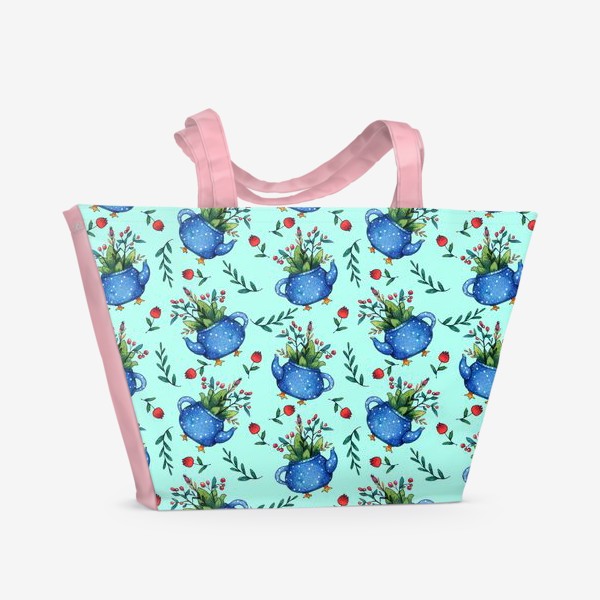 Пляжная сумка «Синий весенний чайник паттерн»