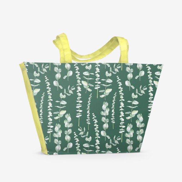 Пляжная сумка «Орнамент с ветками эвкалипта на зеленом фоне»
