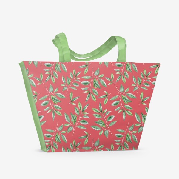 Пляжная сумка «Узор с зелеными листьями на красном»