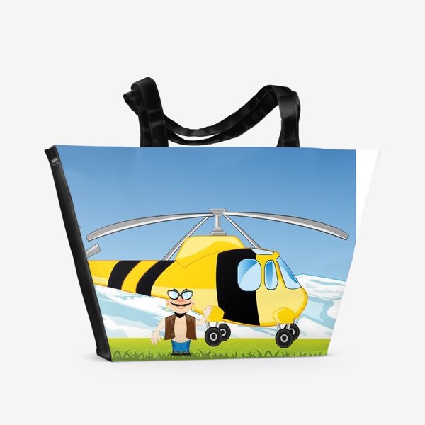 Пляжная сумка «Вертолет на поляне на фоне гор»