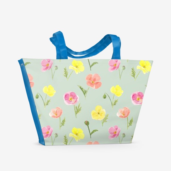 Пляжная сумка &laquo;Цветущие маки. Акварельный летний растительный принт на зеленом фоне&raquo;