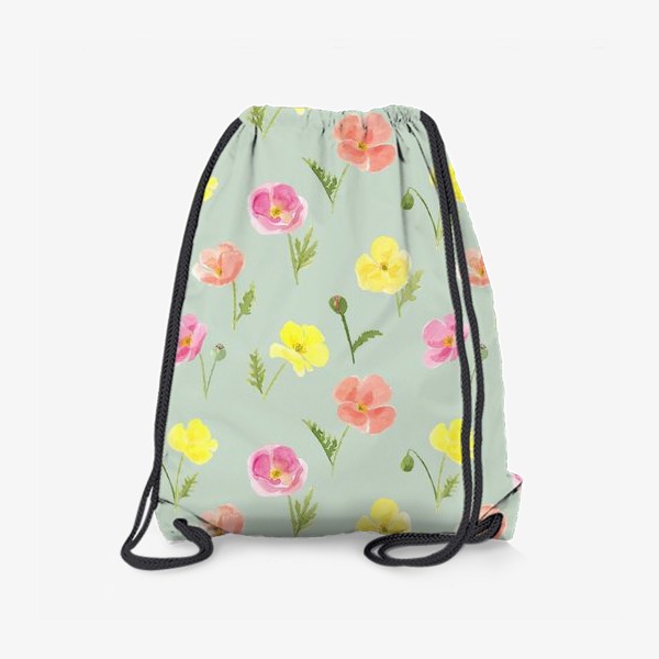 Рюкзак «Цветущие маки. Акварельный летний растительный принт на зеленом фоне»