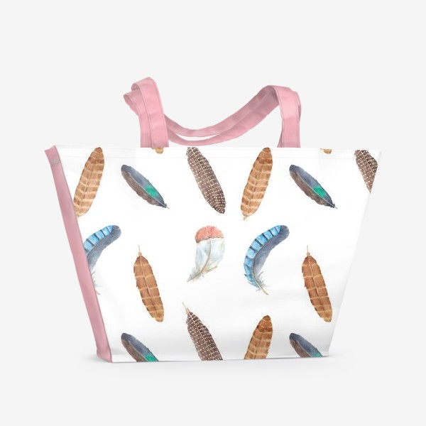 Пляжная сумка &laquo;Цветные перья. Акварельный принт на белом фоне, животные, птицы, природа&raquo;